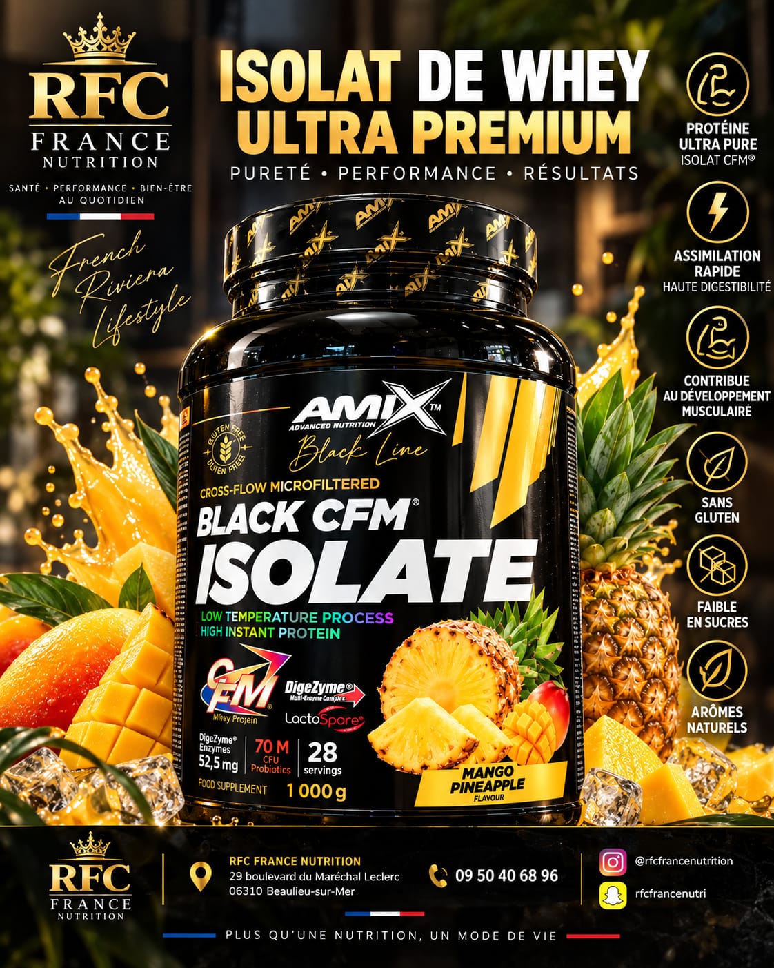 Amix Black Line Black CFM Isolate — whey isolate cross-flow microfiltrée saveur mangue ananas, protéine ultra pure en boutique RFC