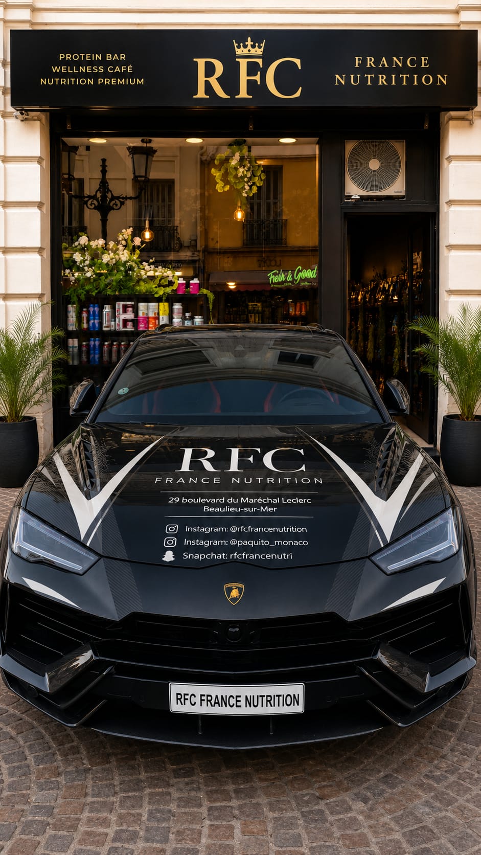 Devanture de la boutique RFC France Nutrition avec Lamborghini noire