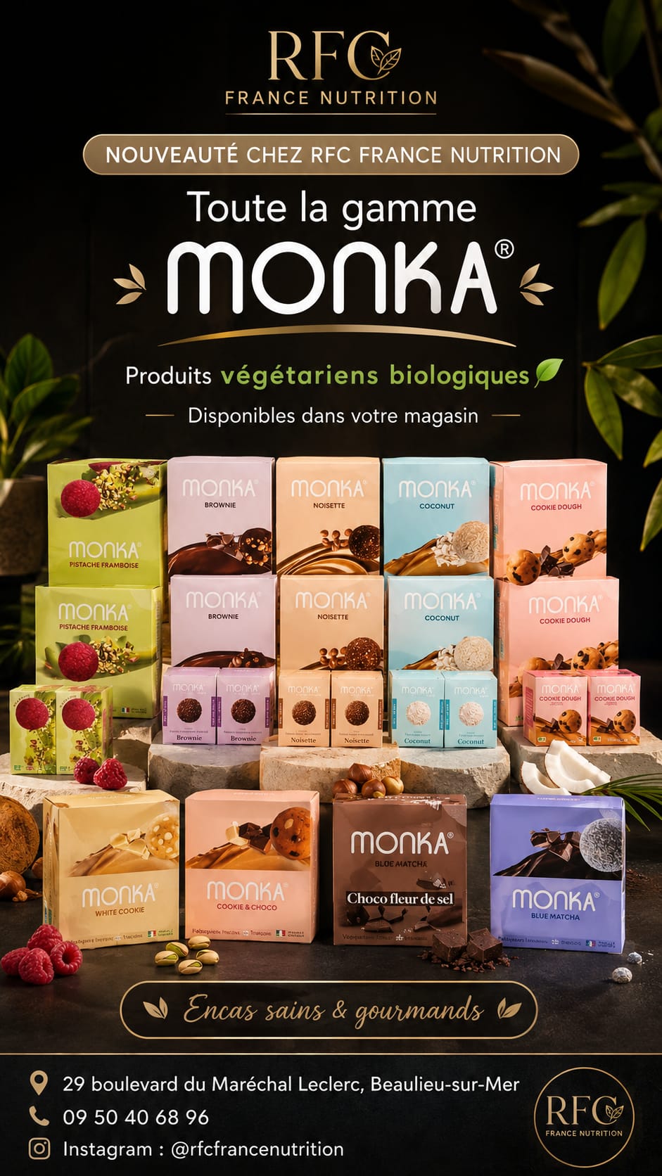 Toute la gamme MONKA® — encas végétariens biologiques disponibles au magasin