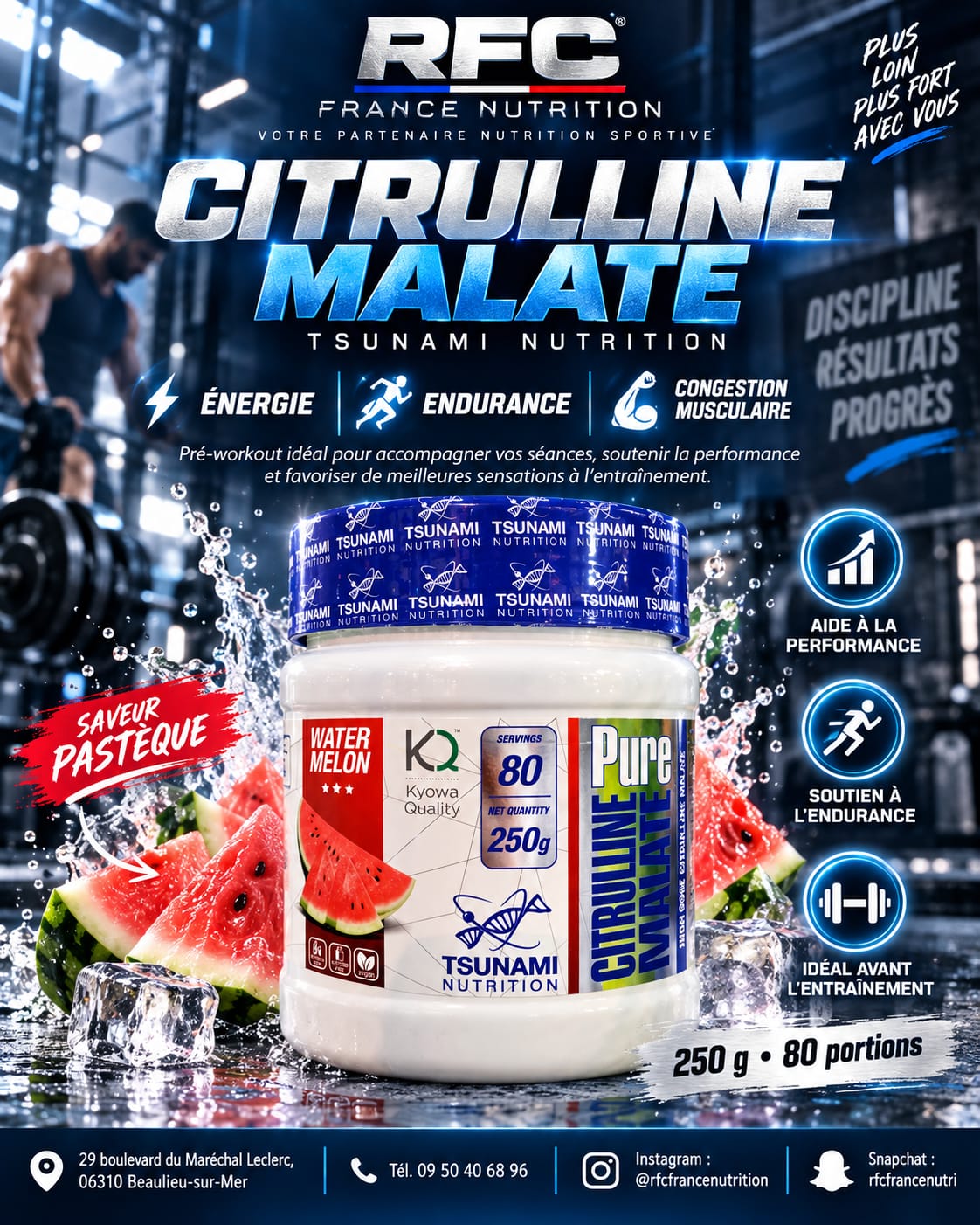 Tsunami Nutrition Citrulline Malate — pré-workout performance et endurance saveur pastèque, partenaire nutrition sportive en boutique RFC
