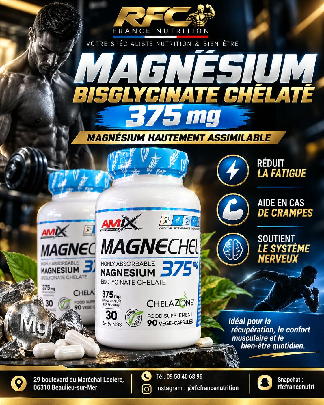 Amix MagneChel Magnésium Bisglycinate Chélaté 375 mg — récupération, confort musculaire et soutien du système nerveux en boutique RFC