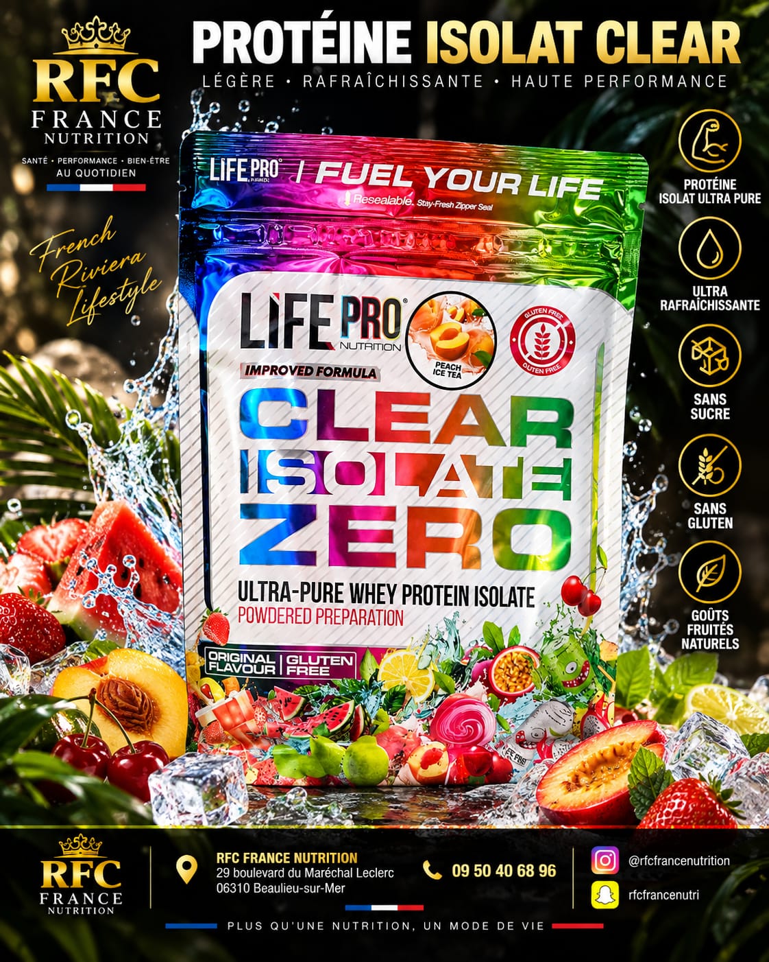 Life Pro Clear Isolate Zero — isolat de whey clair ultra pur saveur Peach Ice Tea, sans sucre et sans gluten, en sélection RFC France Nutrition