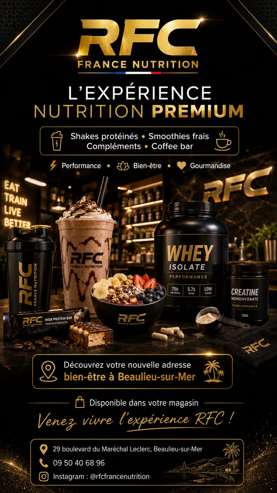L'expérience nutrition premium RFC — shakes, smoothies, compléments et coffee bar