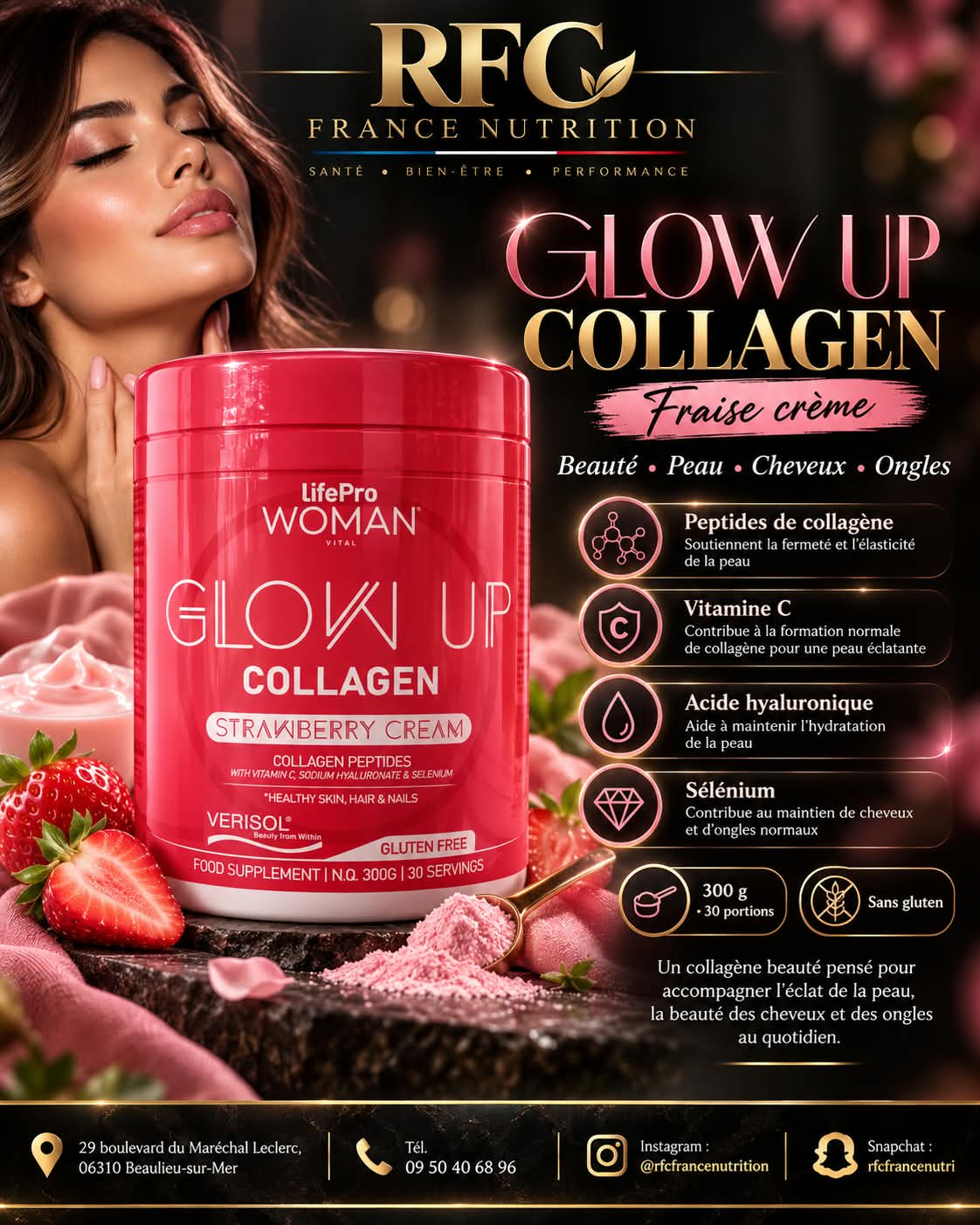 LifePro Woman Glow Up Collagen saveur fraise crème — peptides de collagène, vitamine C et acide hyaluronique pour la beauté de la peau, des cheveux et des ongles