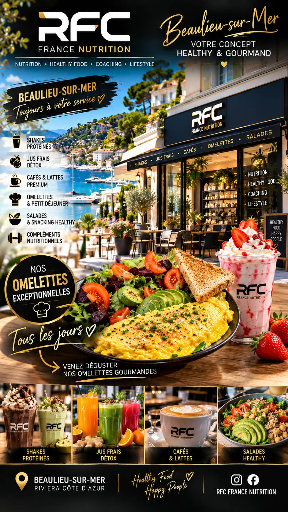 Concept healthy & gourmand RFC France Nutrition à Beaulieu-sur-Mer — shakes protéinés, jus frais, cafés, omelettes et salades healthy en boutique