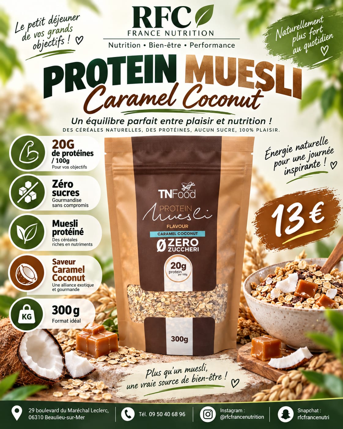 Protein Muesli Caramel Coconut TNFood — 20g de protéines, zéro sucre, disponible en boutique RFC