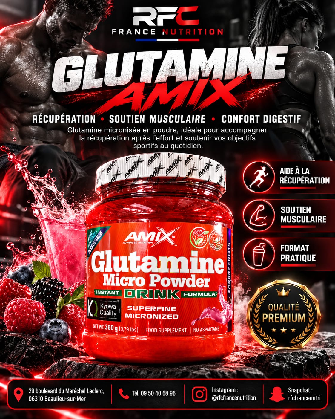 Amix Glutamine Micro Powder — glutamine micronisée Kyowa Quality pour la récupération et le soutien musculaire, en sélection au magasin