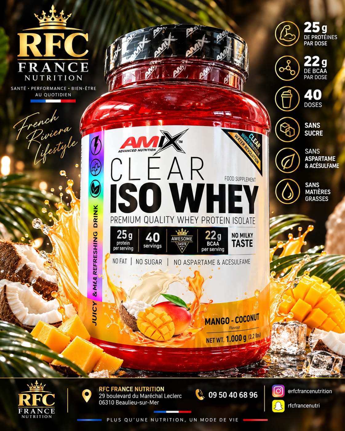 Amix Clear Iso Whey — isolat de whey premium saveur mangue coco, 25g de protéines par dose, en sélection à la boutique RFC France Nutrition