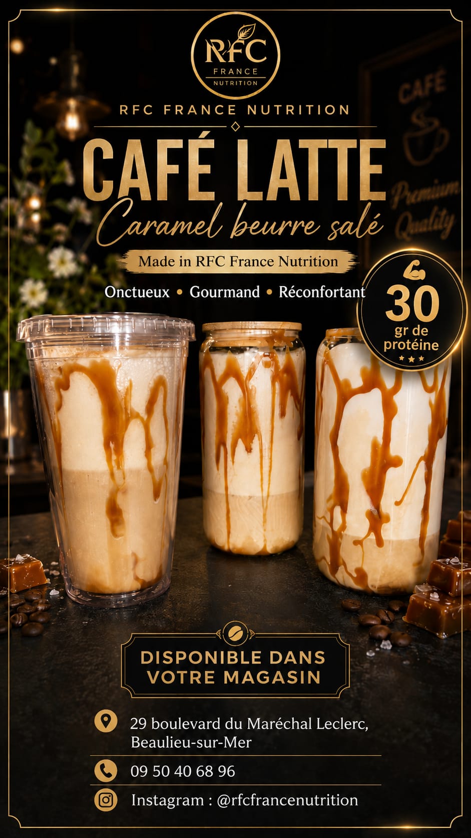 Café latte caramel beurre salé — 30g de protéines, onctueux et gourmand en magasin