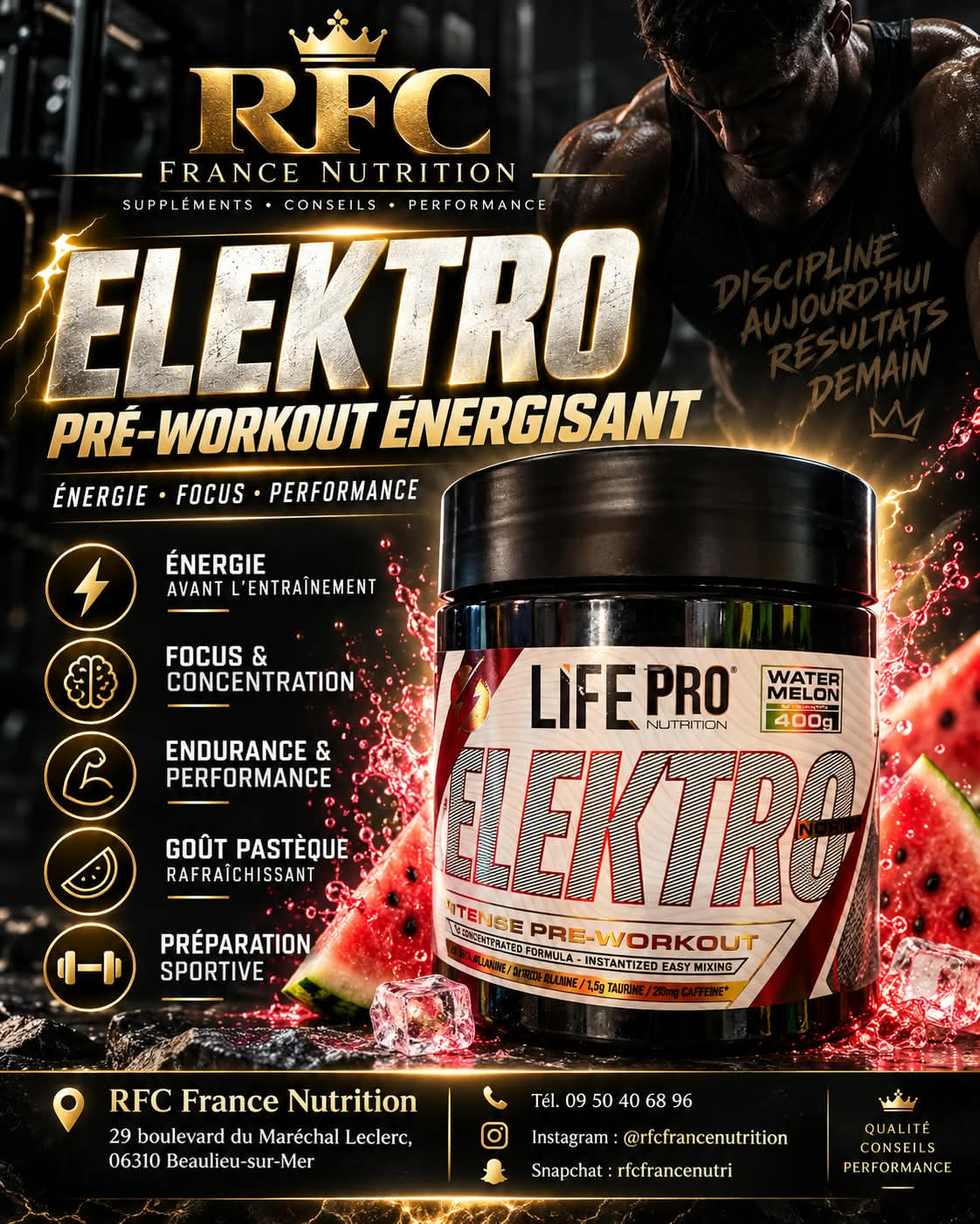 LifePro Nutrition Elektro — pré-workout énergisant saveur pastèque, énergie, focus et performance en sélection au magasin RFC