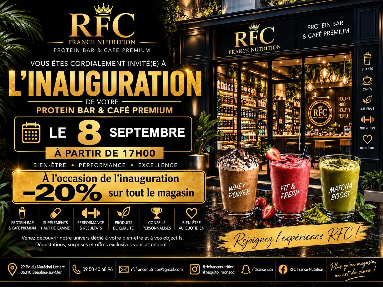 Invitation inauguration du Protein Bar & Café Premium RFC France Nutrition — 8 septembre