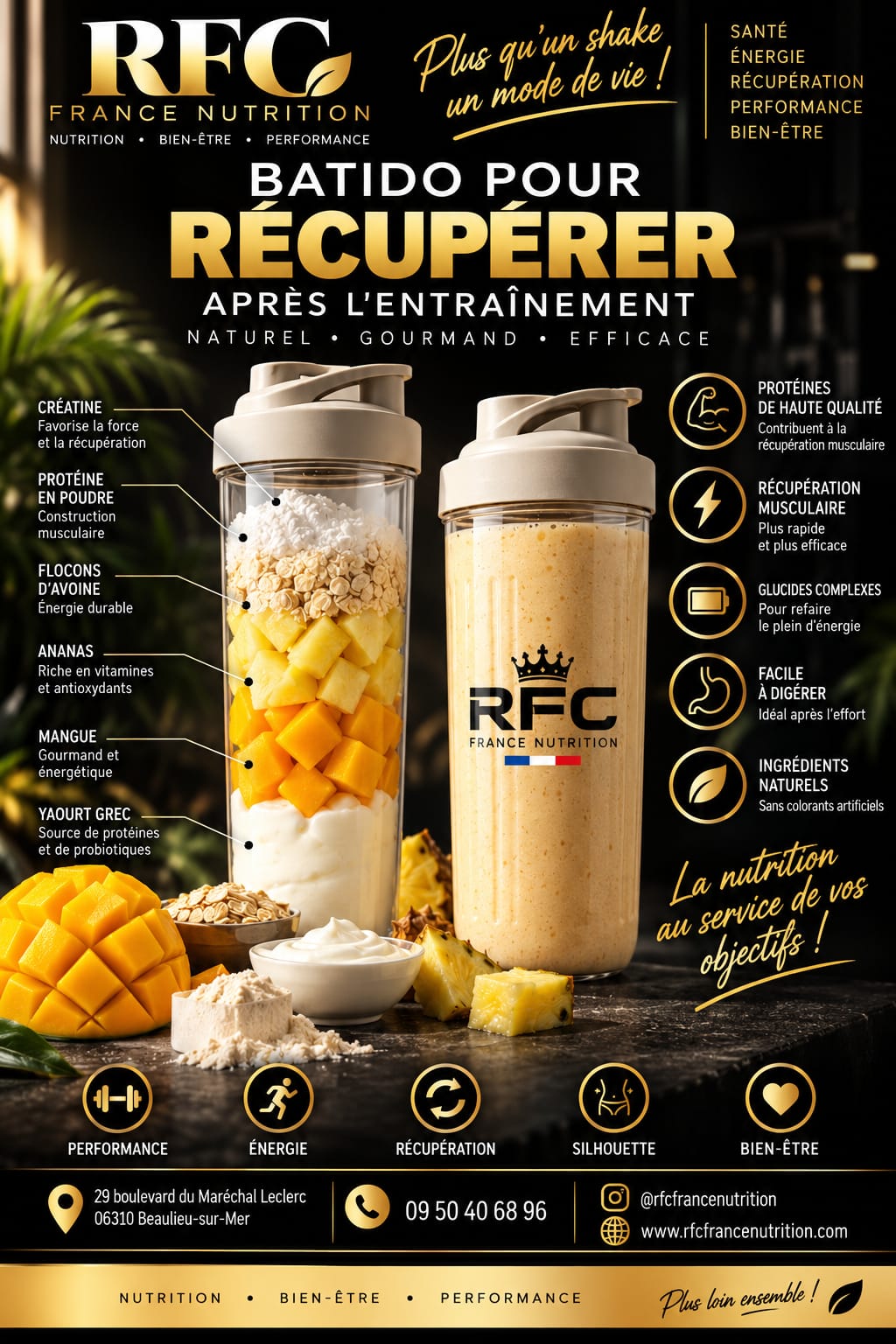 Batido pour récupérer — shake post-entraînement naturel et gourmand RFC France Nutrition