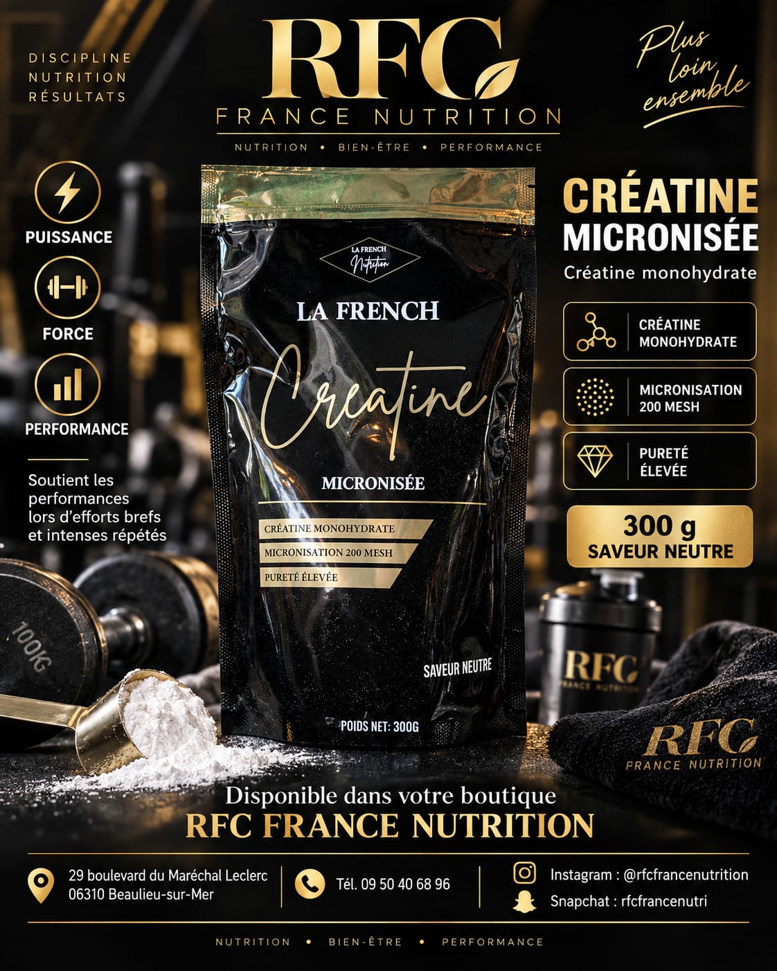 La French Créatine Micronisée 300g — pureté élevée, saveur neutre, en sélection au magasin