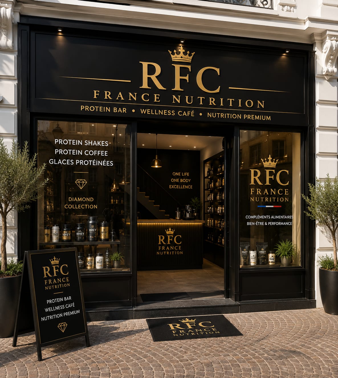 Façade noir et or de la boutique RFC France Nutrition