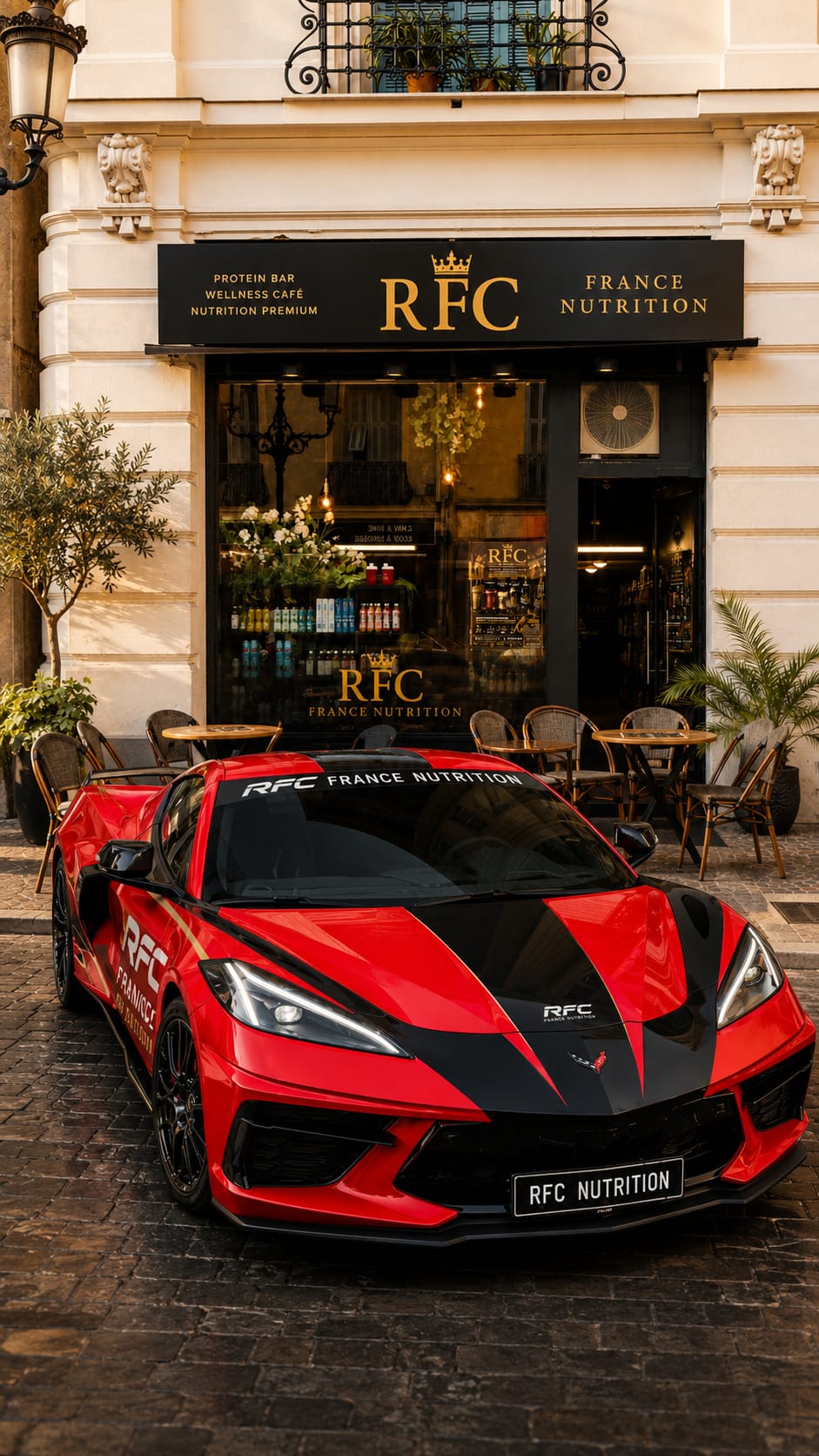 Devanture de la boutique RFC France Nutrition avec Corvette rouge
