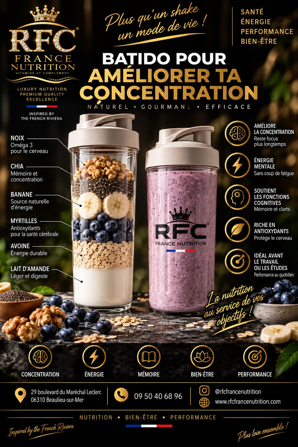 Batido pour améliorer la concentration — shake cérébral aux myrtilles, noix et chia