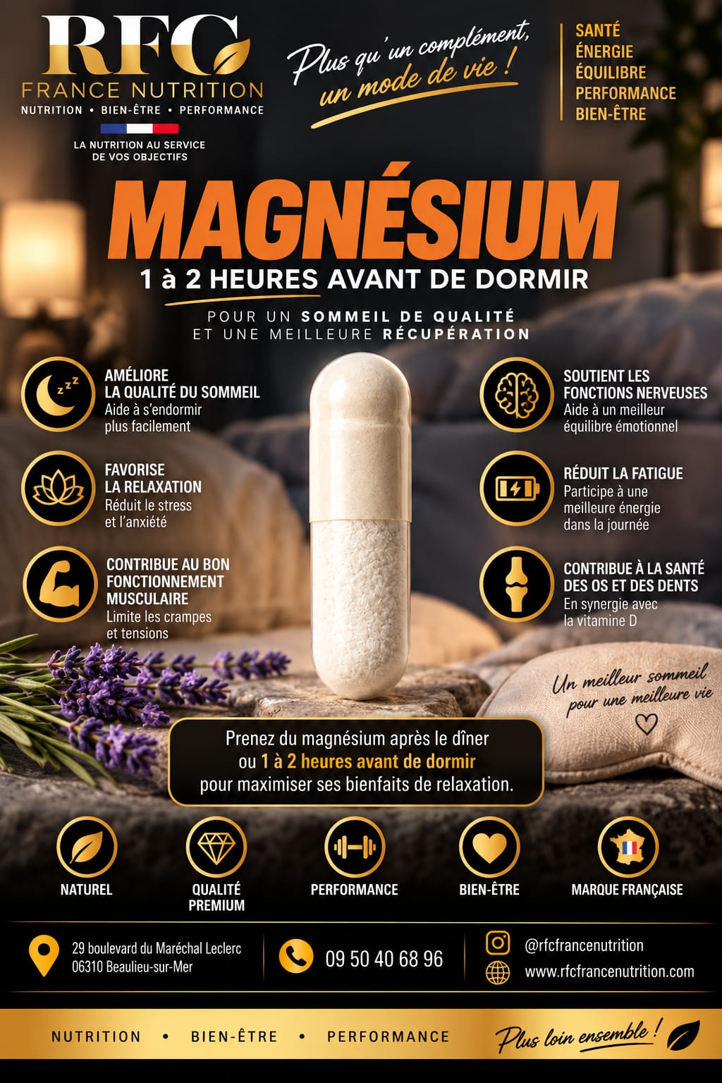 Magnésium — sommeil de qualité, relaxation et récupération, 1 à 2 heures avant de dormir