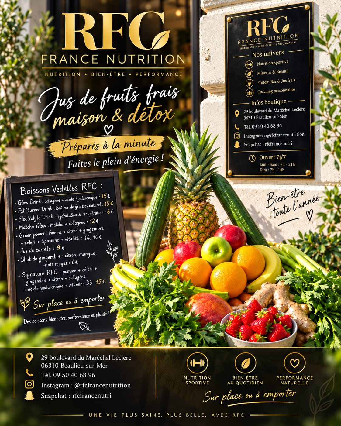 Jus de fruits frais maison & détox — boissons bien-être et performance préparées minute en boutique