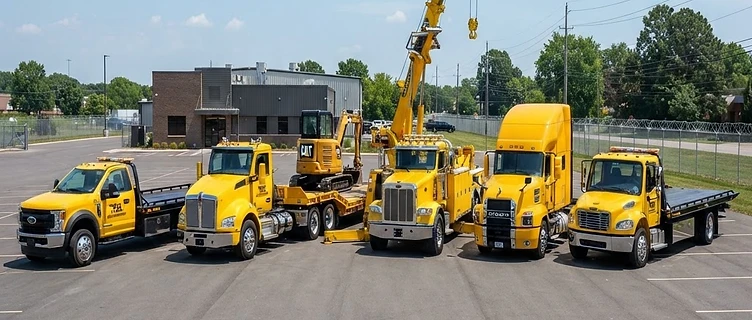 Diverse fleet of yellow flatbeds, lowboys, tractor trailers and wreckers in the Organized Towing yard
