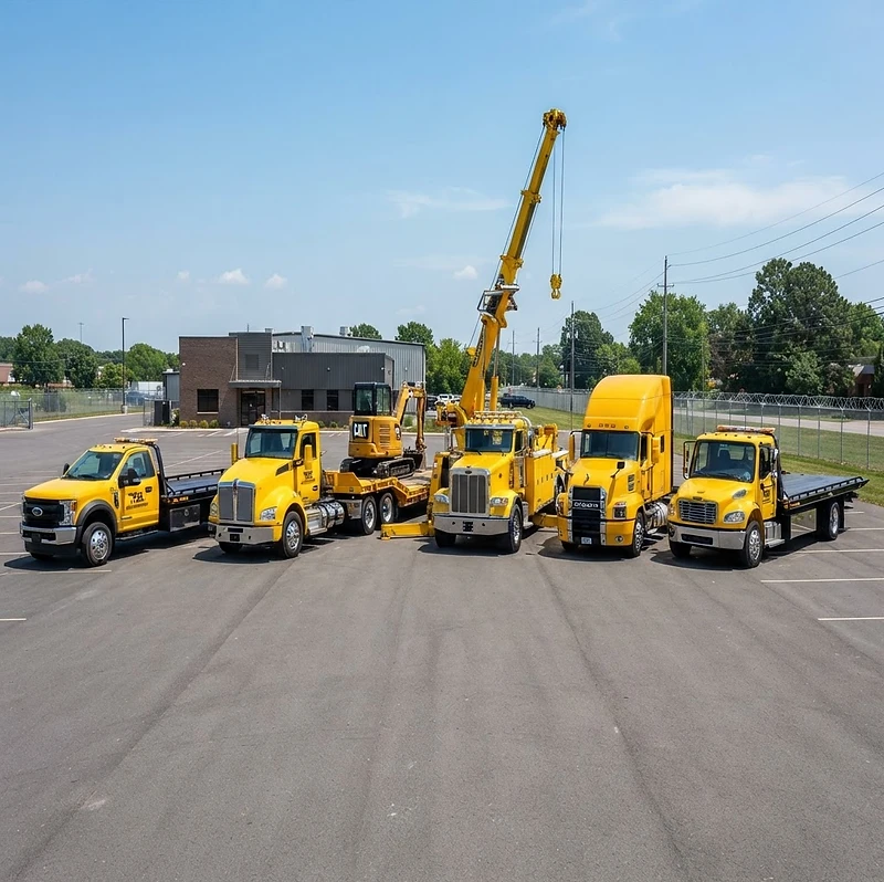 Diverse fleet of yellow flatbeds, lowboys, tractor trailers and wreckers ready for towing, hauling, transport and storage jobs