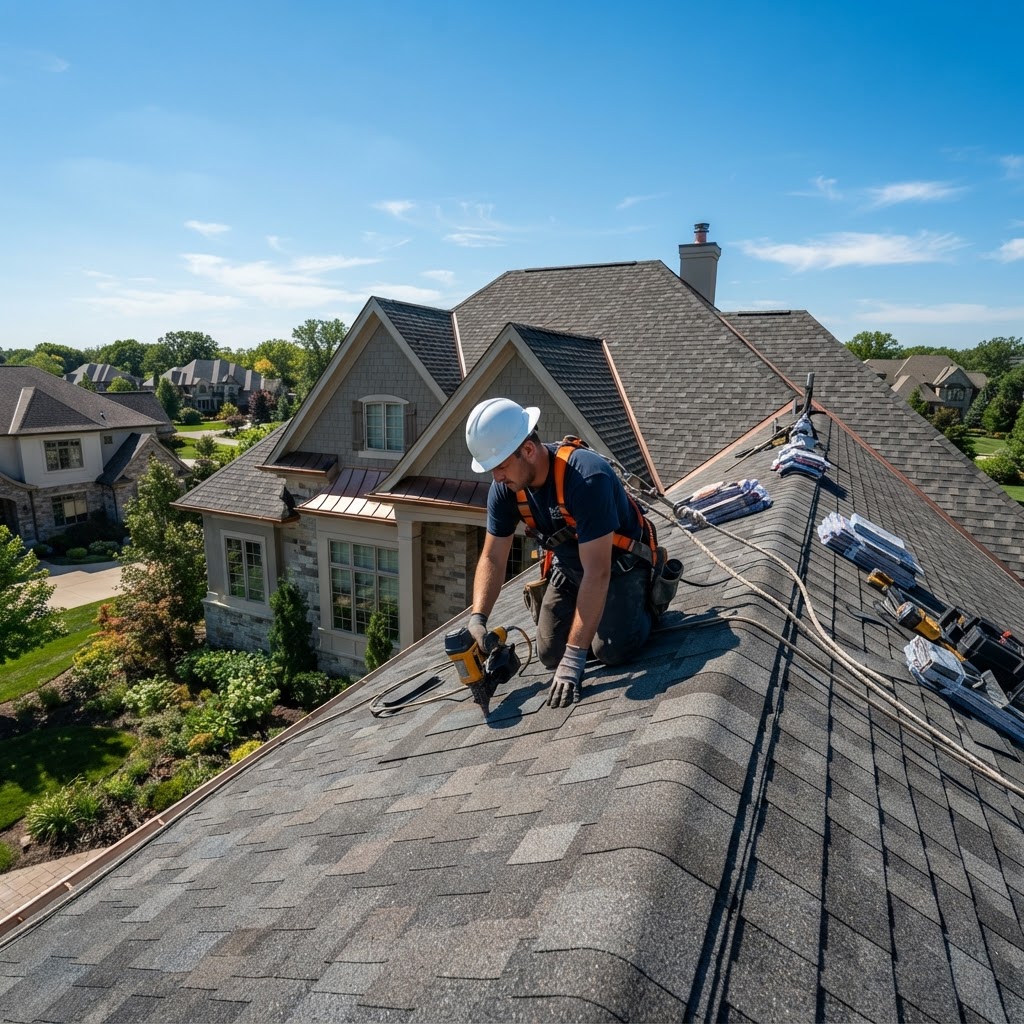 Professional roofing contractor installing shingles on a residential roof