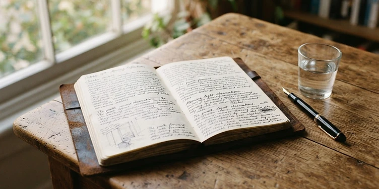 An open notebook filled with handwritten notes in morning light