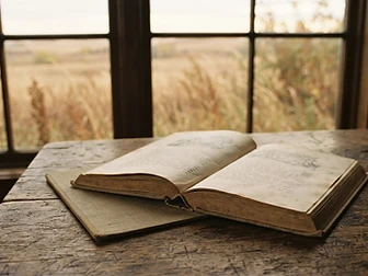 An open hardcover book on a wooden table