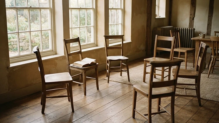 A quiet sunlit room with wooden chairs arranged in a circle