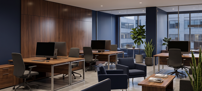 Modern professional workspace with navy and wood tones at Peak Financial and Tax
