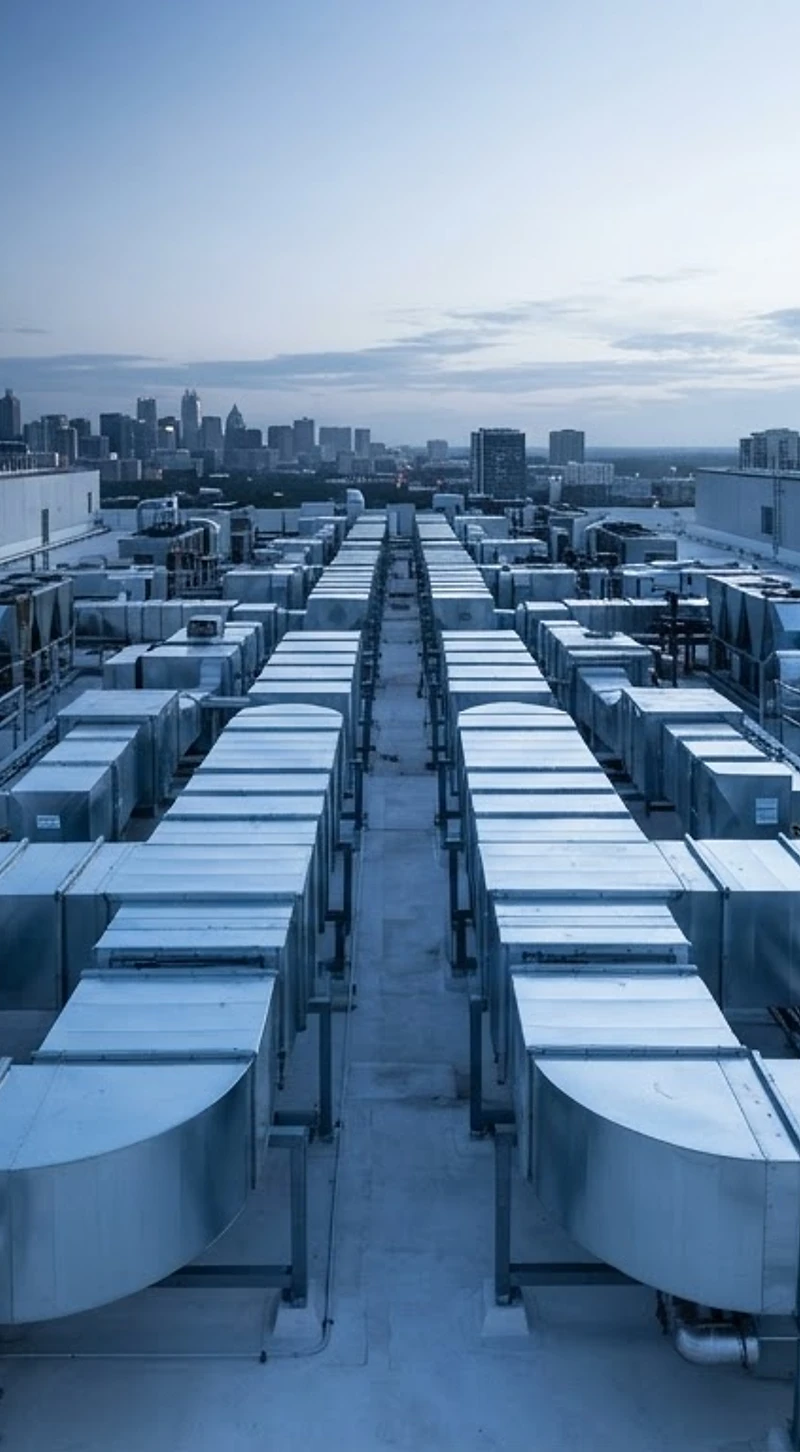 Commercial air conditioning installation at dawn