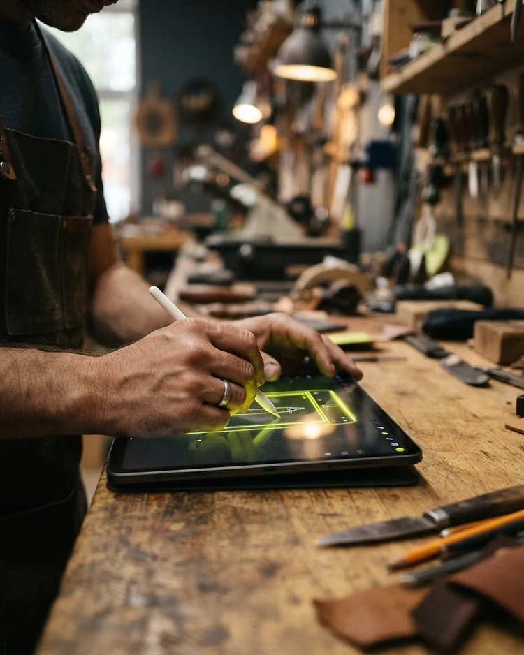 Hands working on a tablet in a local workshop
