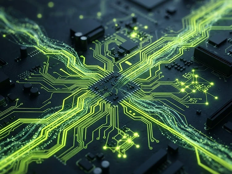Circuit board with glowing data streams — TechSavvi A.I. technical services