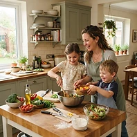 A busy mother preparing a healthy meal with her children