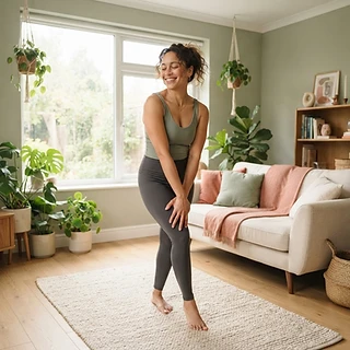 A woman stretching at home