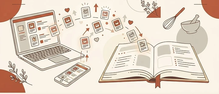 Illustration of recipes being saved from a laptop and phone into one open cookbook