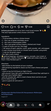 An Instagram recipe post where the ingredients are buried in a long caption