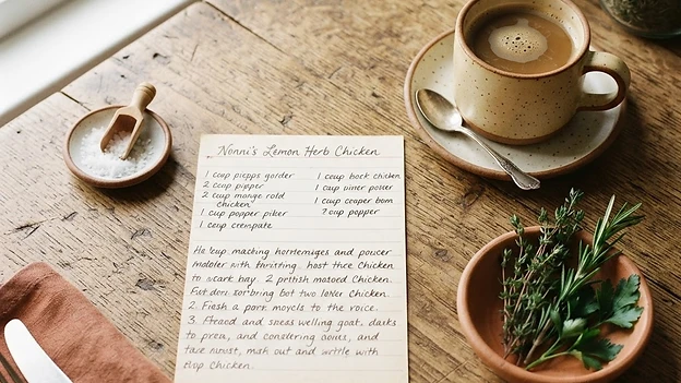 A handwritten recipe card on a kitchen table beside a cup of coffee