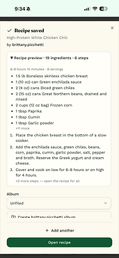 The Recipe saved confirmation, showing a clean ingredient list and numbered steps