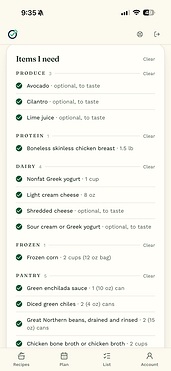 A shopping list grouped into produce, protein, dairy, frozen and pantry