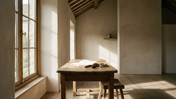 A sun-drenched minimalist study with an oak desk and brass compass