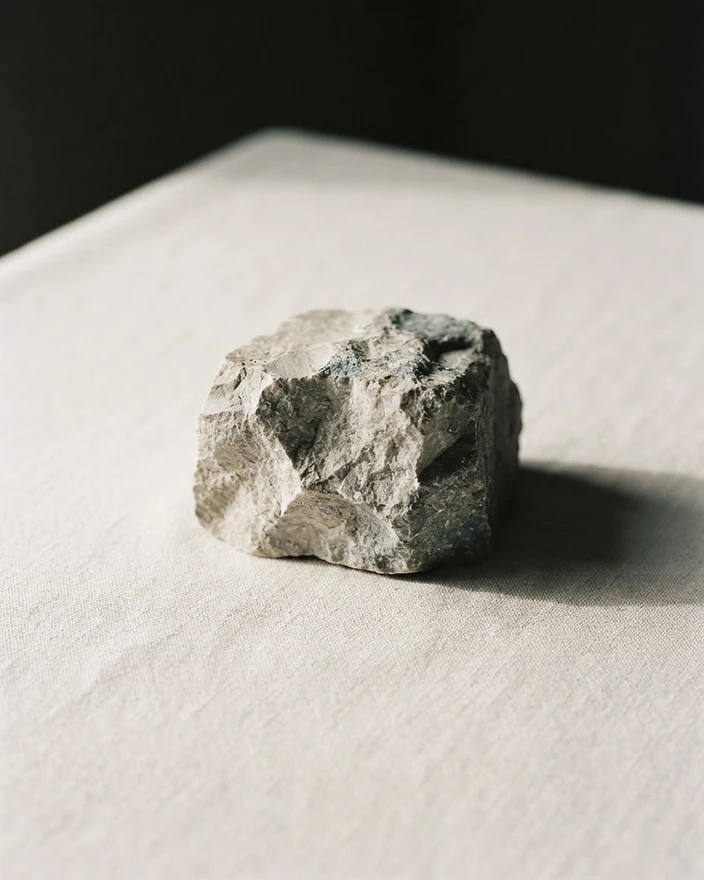 A raw hand-cut cornerstone resting on white linen