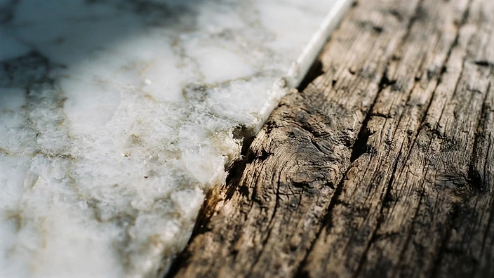 Macro texture of veined marble meeting weathered oak grain