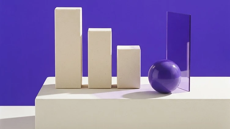 Ivory product cartons and a violet sphere in a sculptural studio arrangement