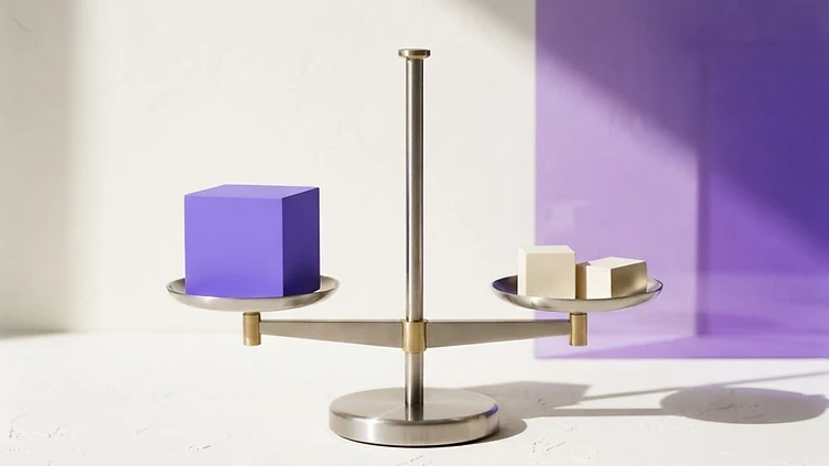 A brushed-metal balance scale with violet and ivory geometric weights