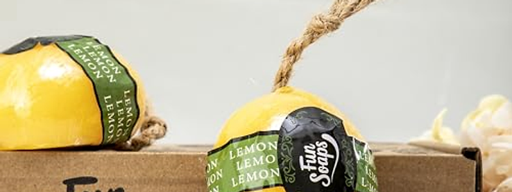 Fun Soaps lemon-shaped soap-on-a-rope products with kraft packaging