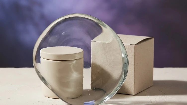 AI-generated conceptual illustration of an unbranded product viewed through a sculptural glass lens.