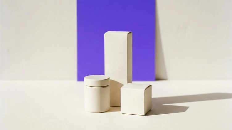 Three carefully arranged ivory product packages against a violet studio panel