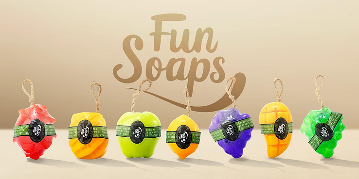 Fun Soaps fruit-shaped soap-on-a-rope range lined up with the brand wordmark