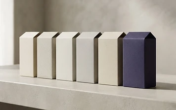 AI-generated editorial illustration of neutral product cartons with one indigo carton, exploring visual distinctiveness.