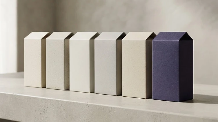 AI-generated editorial illustration of neutral product cartons with one indigo carton, exploring visual distinctiveness.